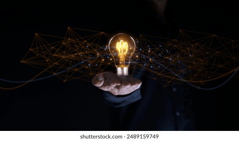 Solution or creative idea for designing a web banner or landing page for an innovative company with a hand sticking out of the screen with a light bulb. Famous abstract geometric shapes and lead lines