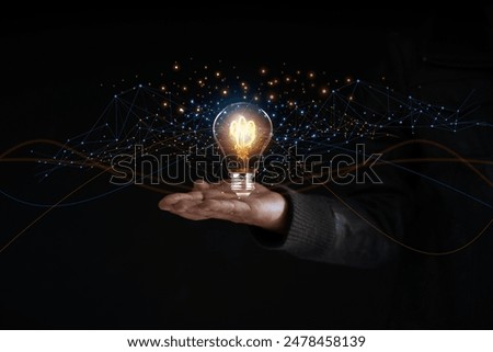 Solution or creative idea for designing a web banner or landing page for an innovative company with a hand sticking out of the screen with a light bulb. Famous abstract geometric shapes and lead lines