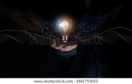 Solution or creative idea for designing a web banner or landing page for an innovative company with a hand sticking out of the screen with a light bulb. Famous abstract geometric shapes and lead lines