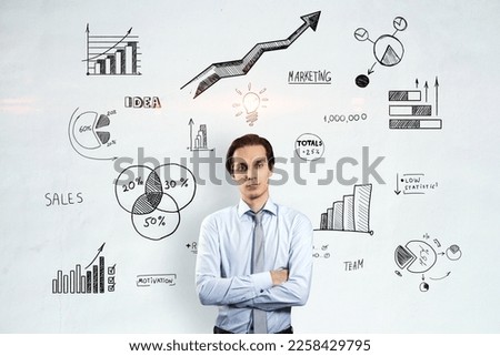 Solution, decision, analysis and creative idea concept with handsome man crossing hands on light wall with hand written stats indicators, graphs and light bulb background