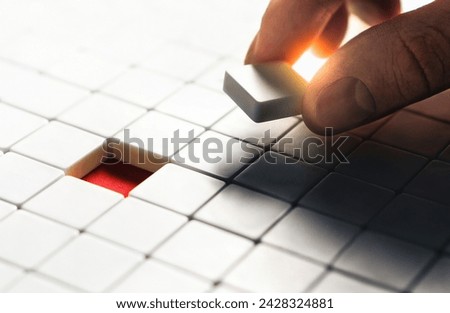 Solution to recruitment and labour match problem. Business success concept. Missing puzzle piece. Incomplete creative  strategy. Idea and innovation. Vacancy in company. Unfinished project metaphor.