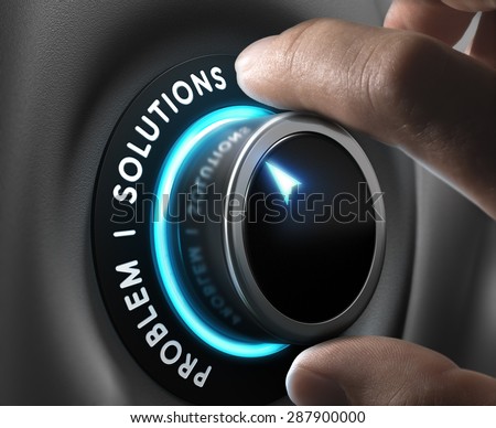Solution switch positioned on the word solutions over grey background with blue lights. Concept of problem solving. 