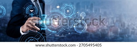 Solutions: Businessman analyzing technological data and problem-solving strategies, innovation, efficiency, data insights, process optimization, decision-making, and business solutions.