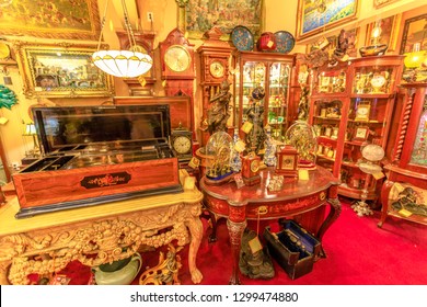 Solvang, California, United States - August 10, 2018: interior of Renaissance Antiques in Danish Village, one of finest antique galleries: vintage jewelry, restored clocks, music boxes.
