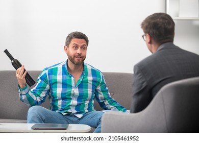 Solving Problem, Alcohol Addiction, Angry Excited Man Alcohol Abuse. Psychology, Mental Therapy Concept. Alcoholism, Alcoholic And Psychologist At Psychotherapy Session.