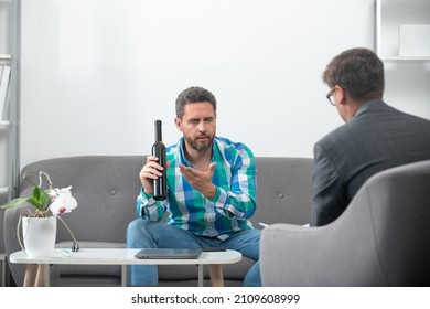 Solving Problem, Alcohol Addiction, Man Alcohol Abuse. Psychology, Mental Therapy Concept. Alcoholism, Alcoholic And Psychologist At Psychotherapy Session.