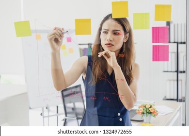 Solving Problem Concept. Woman Working Together On Glass Board To Thinking Ideas For Solve Her Problems.