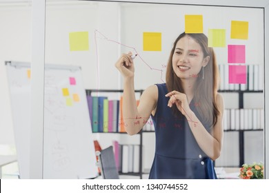 Solving Problem Concept. Woman Working Together On Glass Board To Thinking Ideas For Solve Her Problems.