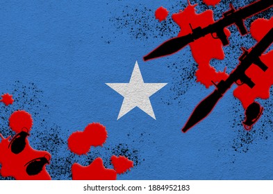 Somalia Flag And Rocket Launchers With Grenades In Blood. Concept For Terror Attack And Military Operations. Gun Trafficking