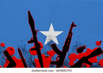 Somalia Flag And Various Weapons In Red Blood. Concept For Terror Attack Or Military Operations With Lethal Outcome. Gun Trafficking