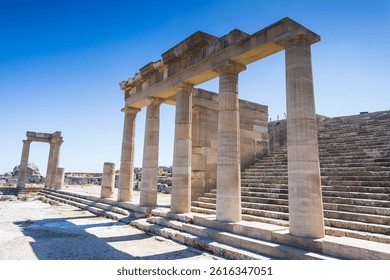 Some of the architectural columns and steps which make up the Acropolis at Lindos, Greece pictured on 10 April 2025.