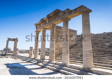 Some of the architectural columns and steps which make up the Acropolis at Lindos, Greece pictured on 10 April 2025.
