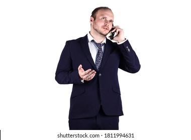 Some Average Office Man Talking On Phone. He Is Wearing Strongsuit, White Shirt And A Tie. Isolated, White Background.