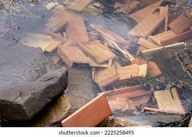 Some Brown Clay Roof Tiles Thrown Into The Water, Among Which Are Water Weeds