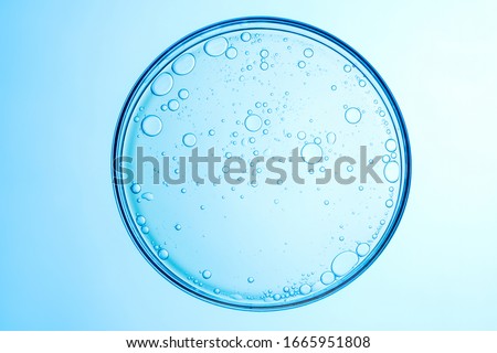 some circle bubbles in a petri dish on blue background.