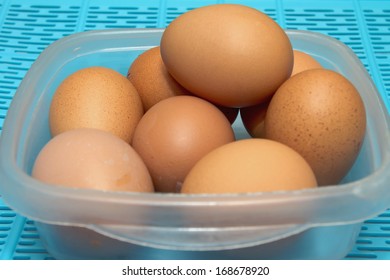 Some Eggs On The Table With Blue Base