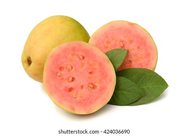 Some Entire Red Guavas And A Guava Cut In A Half On A White Background