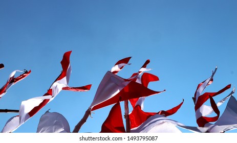   Some flags in the wind, blue sky background                              