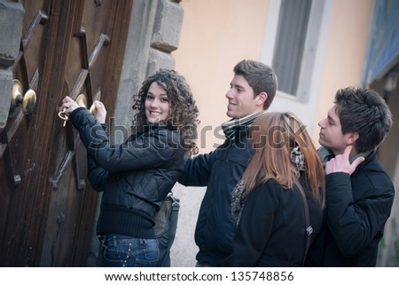 Similar – Image, Stock Photo Twin sisters laughing at a postcard in Erfurt