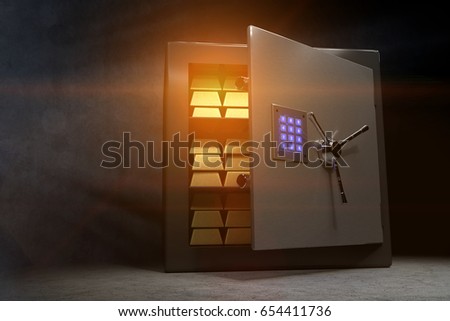 Some golden bars in  a vault with an open door and a bluish glowing combination lock.