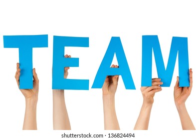 some hands holding the charakters TEAM in blue, isolated - Shutterstock ID 136824494