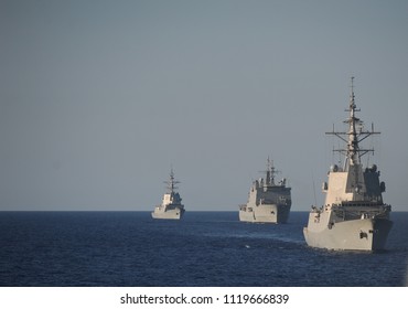 Some Navy Ships In The Pacific Ocean During A Carrier Strike Group. Military Ships At Sea. 