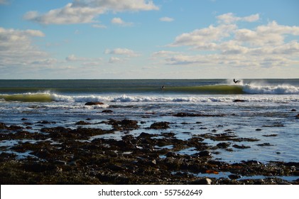 some ocean waves breaking on a sunny day with surfers wiping out kelp seeweed in foreground with bohkeh