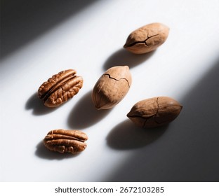Some pecan nuts in shells and out of shells on a white background with a shadow.