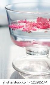 Some Pink Plum Flowers Floating In The Water