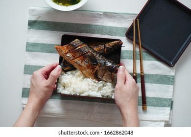 Someone Hand Holding A Square Bento Box That Contains A Grilled Saba Or Mackerel Fish Served With Cooked Rice On White And Green Striped Placemat On White Table