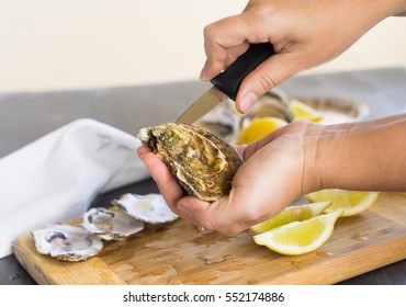 Someone hands opening fresh raw oysters shells