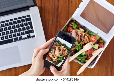 Someone Taking A Photo Of Healthy Take Away Takeout Lunch With Mobile Cell Phone