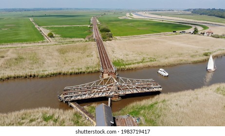 Somerleyton Swing Bridge and Railway Track photographed by Air on the River Waveney on the Norfolk Broads