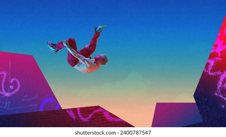 Somersault. Acrobatic stunts. Young man training, practicing parkour tricks over colorful background. Contemporary art collage. Concept of creativity, sport, urban style, hobby, active lifestyle - Powered by Shutterstock