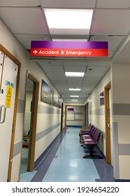 Somerset, UK - 5th Feb 2021: Accident And Emergency Room Sign Hanging From A Ceiling Of Waiting Room.