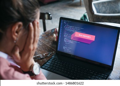 Something went wrong. A very excited girl in a pink sweater sits at an old desk in the library, in front of her is a laptop, on the display of which the site code is closed with a red error warning.
