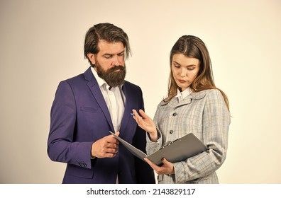 Sometimes Partnership Is Difficult. Need Some Help. Successful Partnership. Couple Business Meeting. Risky Contract. Man And Woman With Office Document Folder. Business Concept. Communication At Work