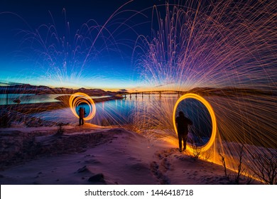 Sommaroy Northern Norway light painting sparks spinning photography amazing Scandinavian sunset landscape   Norwegian Fjords natural wonders Northern Europe 