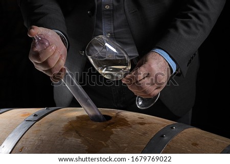 Sommelier makes a selection of red wine from an oak barrel. ecological wine production on the farm. Foto stock © 