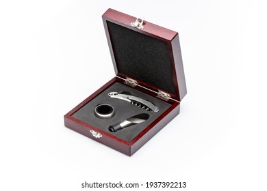 Sommelier Wine Set In A Luxury Cherry Wood Gift Box On A White Background