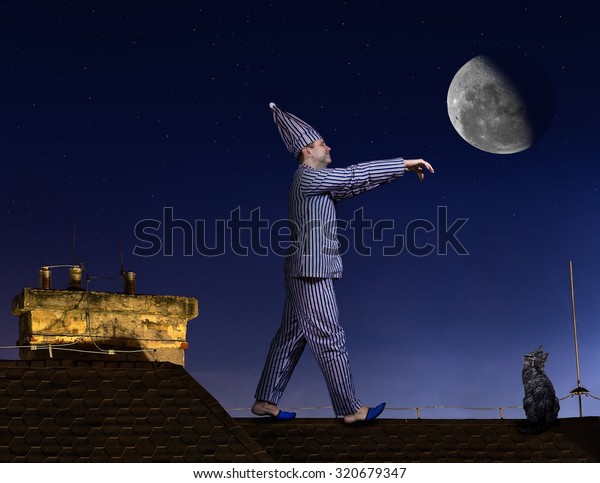somnambulist in pajamas with sleeping hat walking on the roof, where sitting cat. Man in pajamas is sleepwalking. Somnambulist walking on the roof of the night with moon.