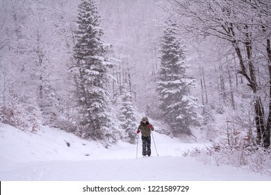 Somport, France. Female Cross Country Skiier In A Winter Landscape.