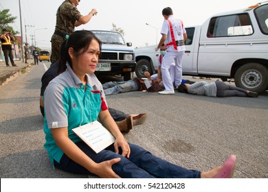 Somprab, Lampang, Thailand, April 2 2014: Drill Training Mass Casualty Incident In Car Accident Scenario At Somprab Hospital, Lampang, Thailand ,April 2 2014