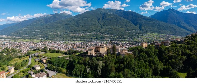 Sondrio, Valtellina, Italy, Aerial view of Sondrio and the Convent of S. Lorenzo