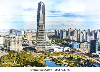 Songdo, Incheon, South Korea - August 9th 2019: The Posco Tower Songdo Or Northeast Asia Trade Tower, A Skyscraper In Songdo International City, South Korea.