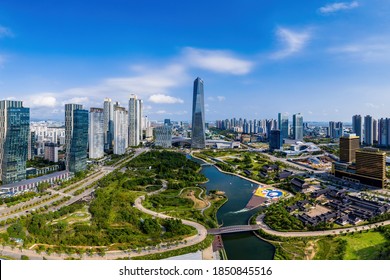 Songdo, Yeonsu-gu, Incheon, South Korea - September 3, 2020: Aerial View Of Northeast Asia Trade Tower And Central Park At Songdo International City