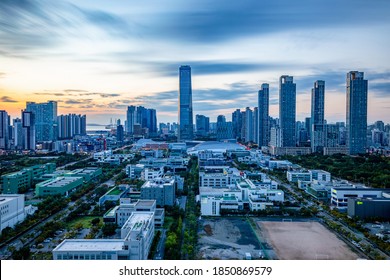 Songdo, Yeonsu-gu, Incheon, South Korea - September 25, 2020: Aerial And Sunset View Of Highrise Apartments And Northeast Asia Trade Tower At Songdo International City