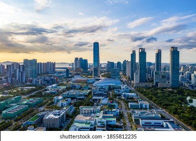 Songdo, Yeonsu-gu, Incheon, South Korea - September 25, 2020: Aerial And Sunset View Of Highrise Apartments And Northeast Asia Trade Tower At Songdo International City