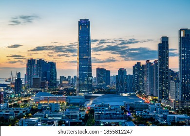 Songdo, Yeonsu-gu, Incheon, South Korea - September 25, 2020: Aerial And Sunset View Of Highrise Apartments And Northeast Asia Trade Tower At Songdo International City