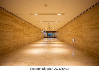 Songdo, Yeonsu-gu, Incheon, South Korea - April 1, 2021: Corridor And Wall Against Entrance Door Of Northeast Asia Trade Tower Of Songdo New Town
